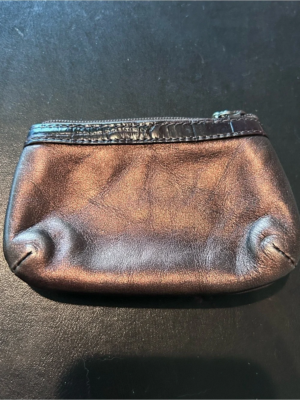 Brighton Bronze Metallic Leather Coin/Key Pouch with Heart Charm Zip Closure
